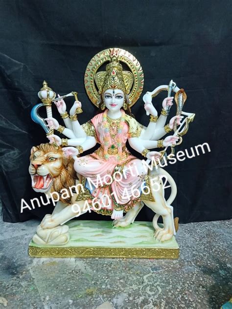 Painted Hindu White Marble Durga Maa Statue For Worship Size