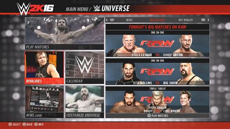 Wwe 2k16 Universe Mode Menu Rivalries Titles And Edit Show Universe