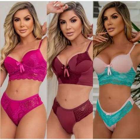 Kit 3 Conjuntos Lingerie Luxo calcinha e sutiã Bojo barato em promoção Shopee Brasil