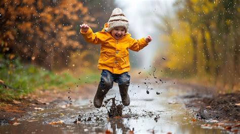 Premium Photo Excited Young Child Jumping In Puddle