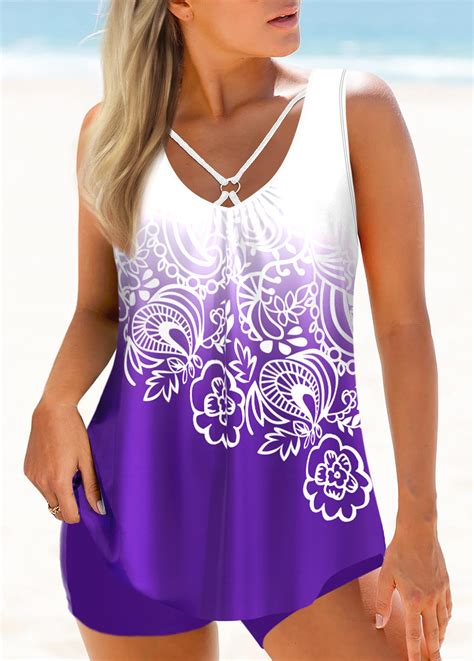 Mid Waisted Tribal Print Circular Ring Purple Tankini Set Usd 34 98