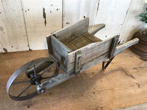 Weathered Wood Wheelbarrow With Rusty Metal Wheel Authentic Rustic Wheelbarrow Planter