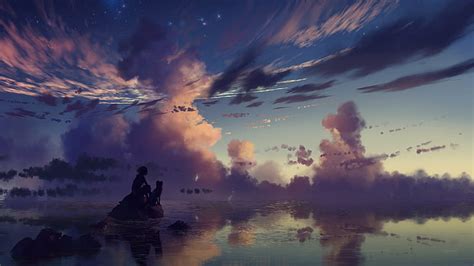 HD wallpaper: Yuumei, water, sunset, stars, clouds, dog | Wallpaper Flare