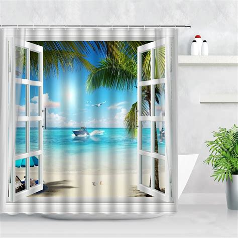 Seaside Beach Shower Curtains Tropical Palm Trees Plant Ocean Hawaii