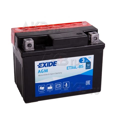 Мото аккумулятор Exide AGM сухозаряж ETX4L BS 12V 3Ah 50A 113x70x85