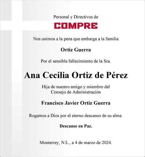 Ana Cecilia Ortiz de Pérez Obituario Esquela