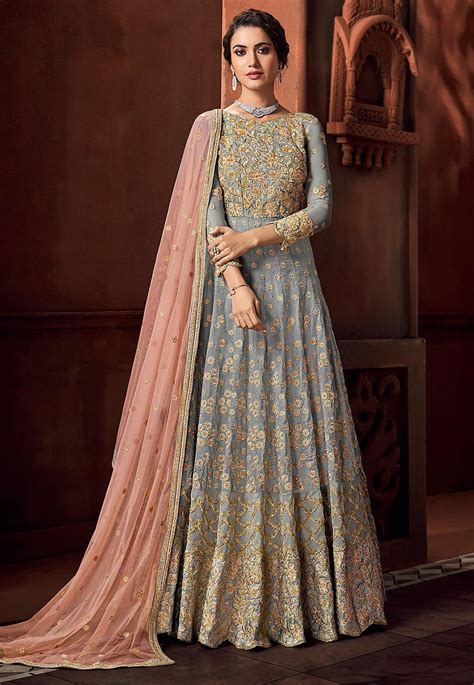 Buy Embroidered Art Silk Abaya Style Suit In Grey Online KCH4708