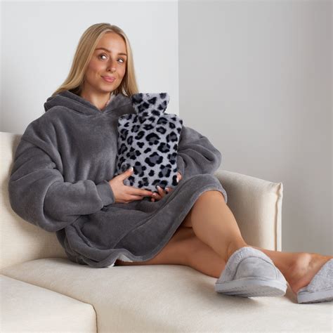 OHS Leopard Print Faux Fur Hot Water Bottle Charcoal