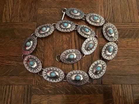 Western Equestrian Silver Engraved CONCHO CHAIN BELT W Faux Turquoise