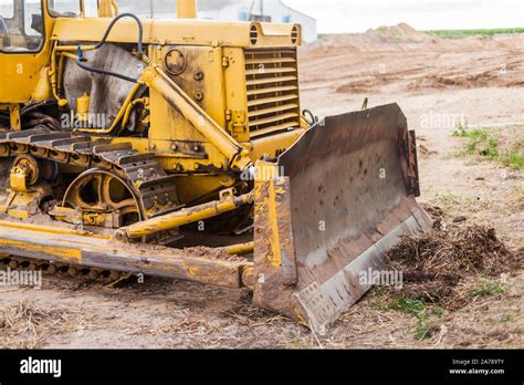 Close Up Of Crawler Bulldozer Truck Earthmoving Heavy Machinery