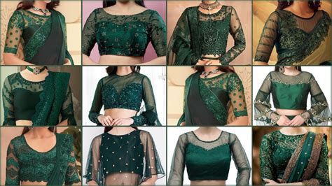 Latest Dark Green Net Blouse Designs 2024 Green Net Blouse Neck