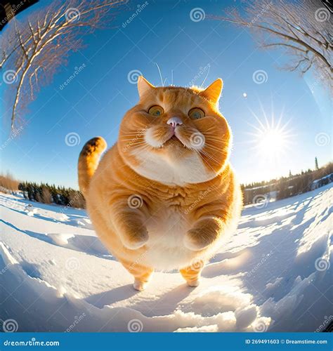 Fisheye Photography of Cute Fat Orange Cat Excited Gorgeous with Wide Open Eyes is Flying in the ...