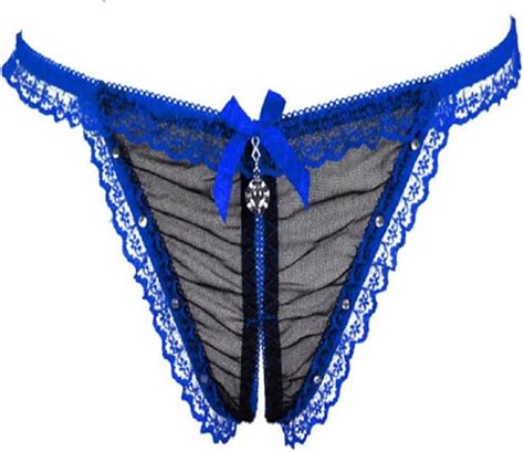 Générique Lingerie Coquine Micro String Sexy Fendu Noir et Bleu Dentelle et Bijou Taille S