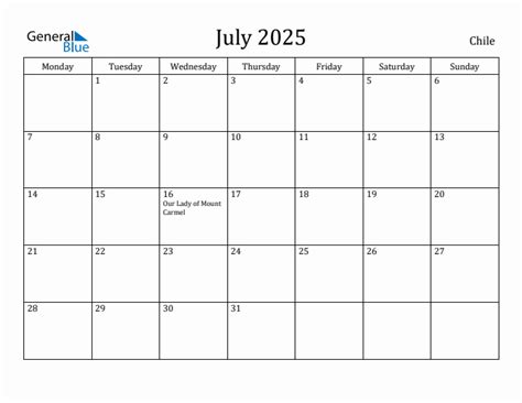 July 2025 - Chile Monthly Calendar with Holidays