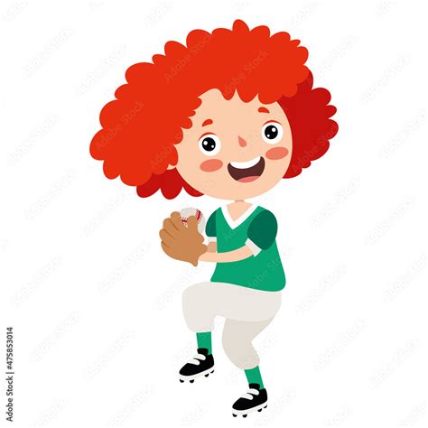 Cartoon Illustration Of A Kid Playing Baseball Stock Vector | Adobe Stock