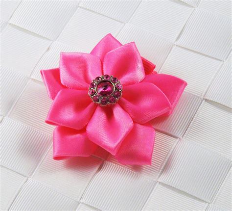 Hot Pink Flower Hair Bow Satin Ribbon Hair Bow Ribbon Flower Etsy