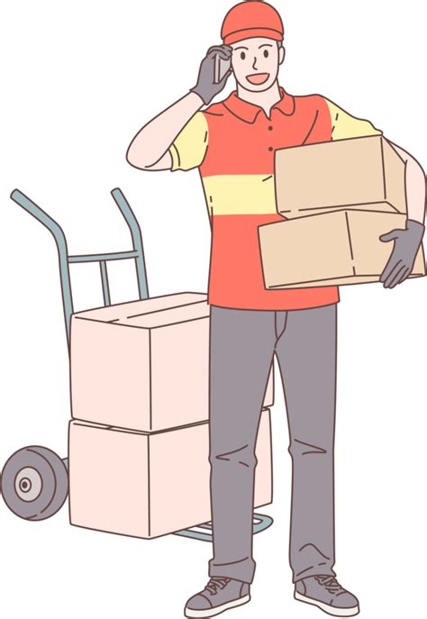 Illustration Of Delivery Man Holding Box And Cell With Customer Characters Hand Drawn Style