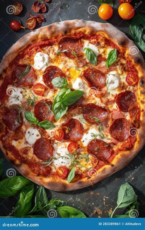 Overhead Shot Of A Freshly Baked Pepperoni Pizza Stock Image Image Of