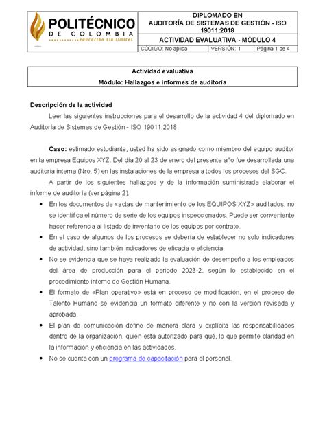 Actividad Auditoría de SG Actividad evaluativa Módulo Hallazgos e