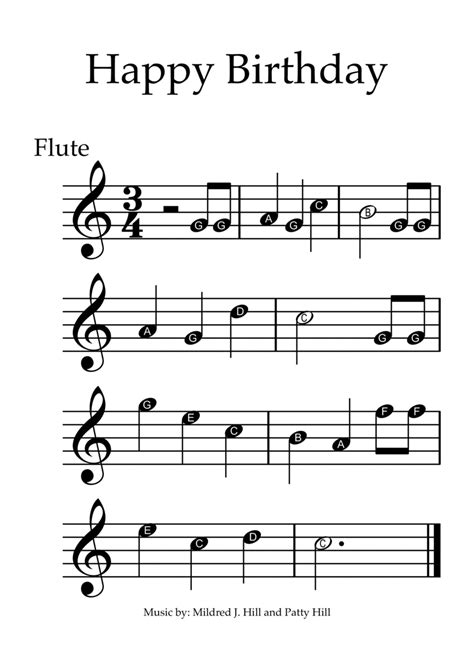 Happy Birthday Flute With Note Names Flute Solo Digital Sheet