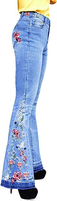 Chartou Womens Chic Floral Embroidered High Rise Bell Bottom Flare