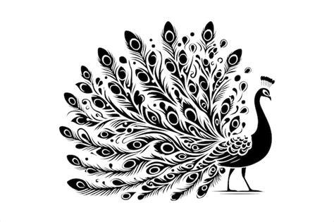 Peacock Black And White Vector Silhouette Illustration Logo Premium