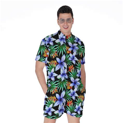 blue hawaiian wildflowers pattern short sleeve mens rompers aloha