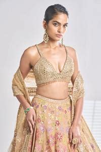 Buy Gold Net Embroidered Floral Plunge V Neck Applique Bridal Lehenga