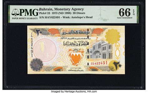 Bahrain Monetary Agency 20 Dinars 1973 Nd 1998 Pick 23 Pmg Gem Lot