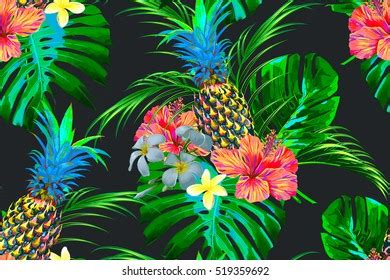 Tropical Flowers Pineapples Palm Leaves Jungle Stock Vector Royalty