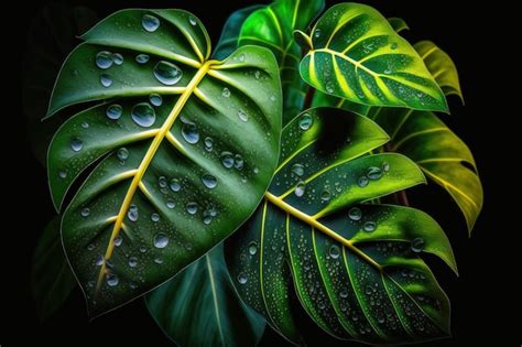 Gotas De Chuva Em Folhas Verdes Vibrantes Em Um Fundo Escuro Gotas De