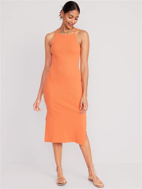 Fitted Sleeveless Rib Knit Midi Dress Old Navy