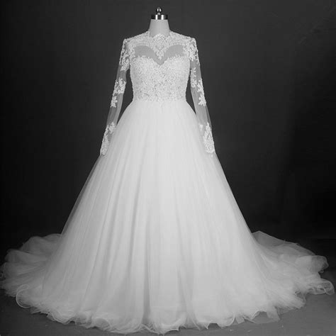 Ball Gown High Neck See Through Tulle Lace Beaded Wedding Dress With