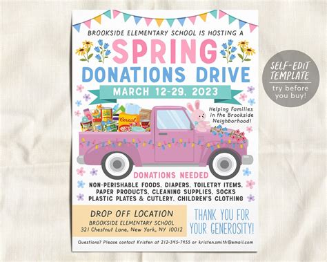 Spring Easter Donations Food Drive Flyer Editable Template Toiletries