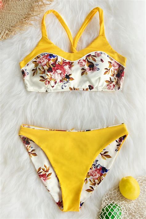Yellow Floral Print Bikini With Reversible Bottom Cupshe Au