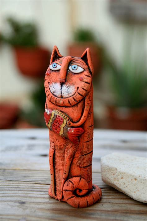 Funny Cat Sculpture Whimsical Cat Ceramic Cat Miniature Etsy