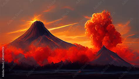 Massive Volcano Eruption A Large Volcano Erupting Hot Lava And Gases