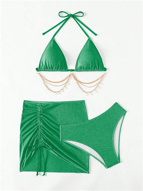 Shein Swim Sxy Conjunto De Biquíni Com Design Franzido E Decoração De