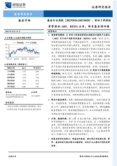 基金行业周报：首批5家保险资管获批abs、reits业务，新发基金稍回暖