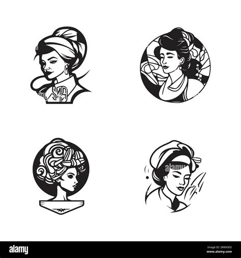 Hand Drawn Vintage Female Chef Logo In Flat Line Art Style Isolated On