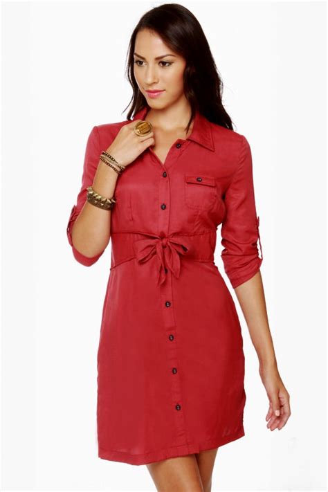 Cute Red Dress - Shirt Dress - Long Sleeve Dress - $64.00 - Lulus