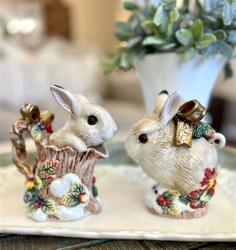 Fitz And Floyd Figural Bunny Creamer And Covered Sugar W Spoon Snowy