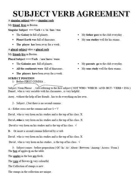 1 Subject Verb Agreement Pdf Grammatical Number Verb