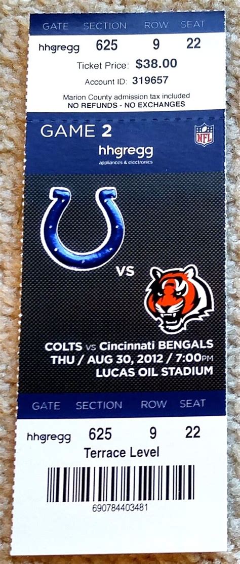 Indianapolis Colts Ticket Stub V Cincinnati Bengals Luck First