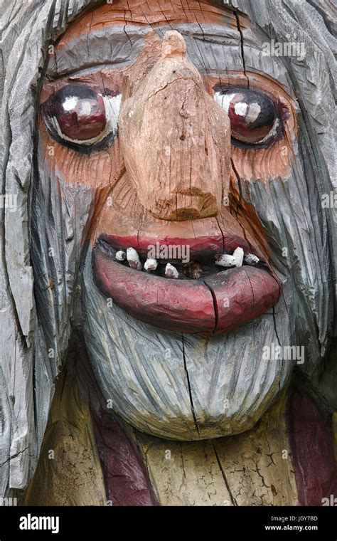 Norwegian carved wooden face detail troll. Scandinavian folklore ...