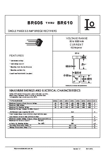 BR605 Datasheet Rectifier Diode IF A 6 VRRM V 50 VF MV