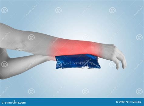 Ice Gel Pack on a Swollen Hurting Wrist. Stock Photo - Image of cramp ...