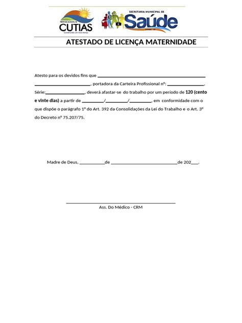 Licença Maternidade Para Faculdade - Atestado de Licença Maternidade 120 Dias | PDF