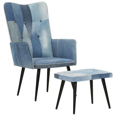 Eto Fauteuil Avec Repose Pieds Denim Bleu Toile Patchwork