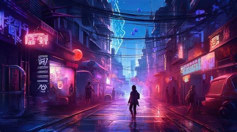 Premium Ai Image A Woman Walking Down A Street In A Cyberpunk City